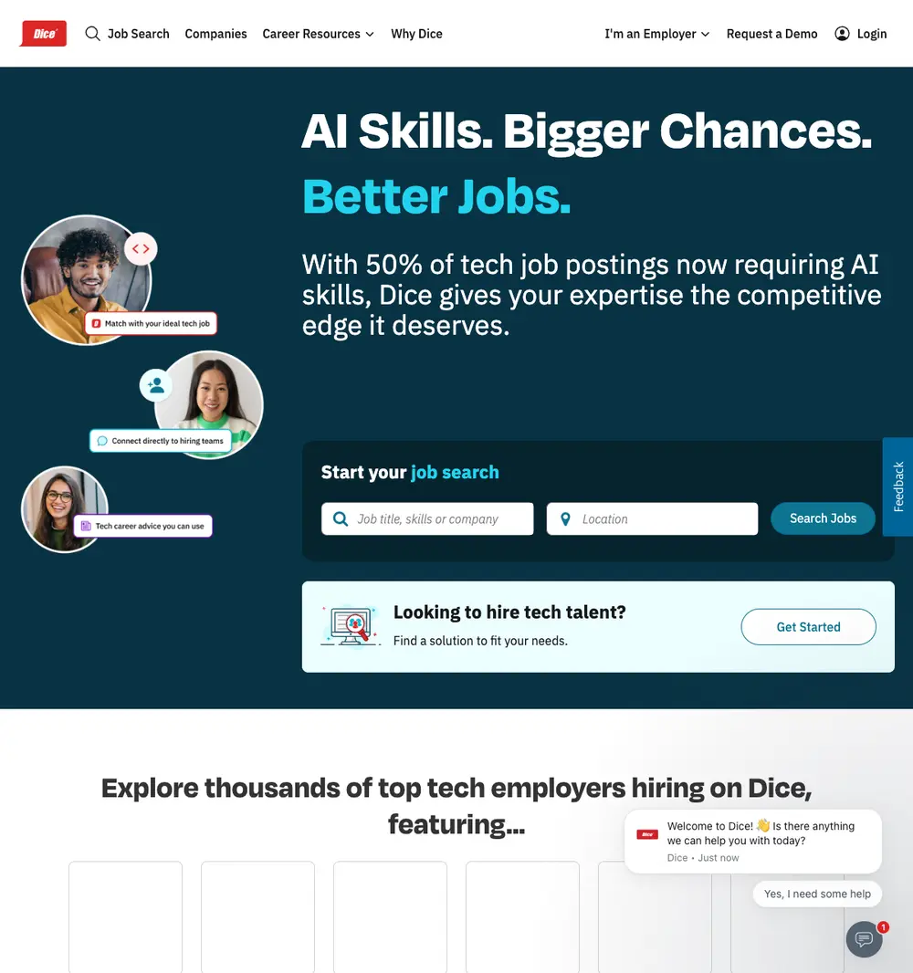 Dice screenshot Dice job board platform screenshot showing job search interface