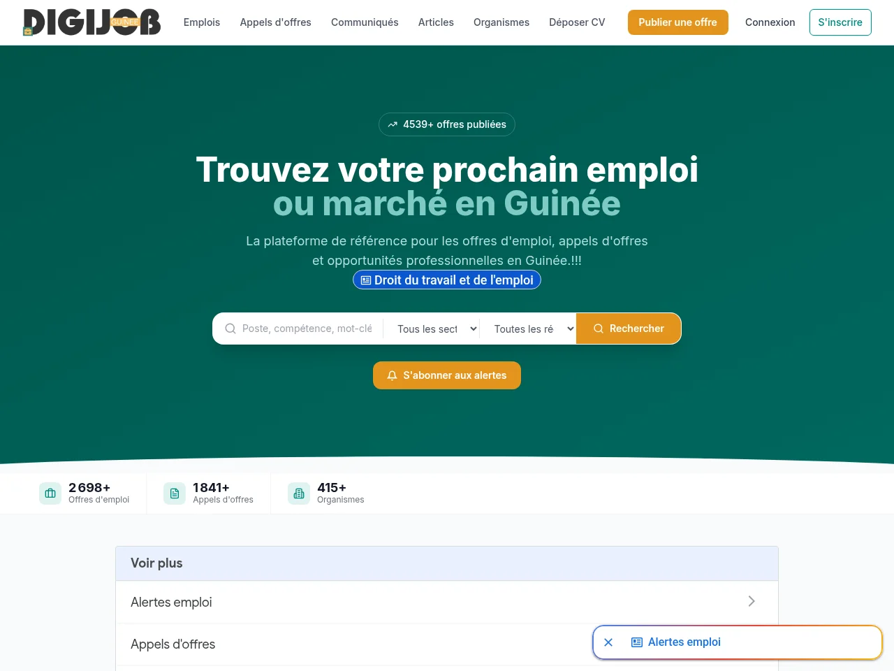 DigiJob Guinée screenshot DigiJob Guinée job board platform screenshot showing job search interface