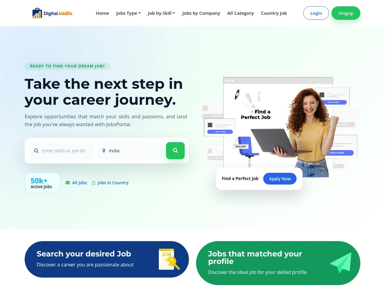 Digitaljobbiz job board platform screenshot showing job search interface