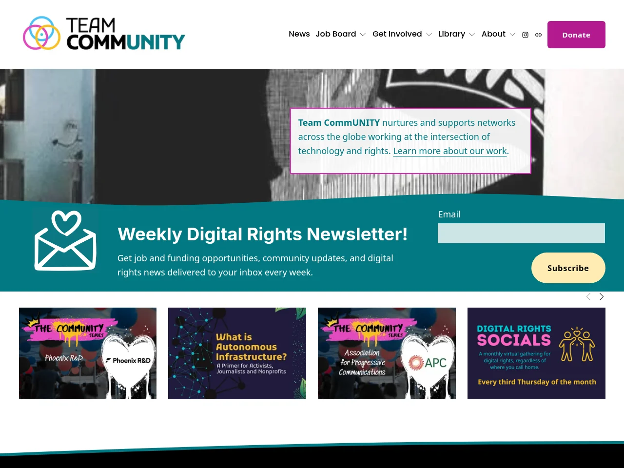 Digital Rights Community job board platform screenshot showing job search interface