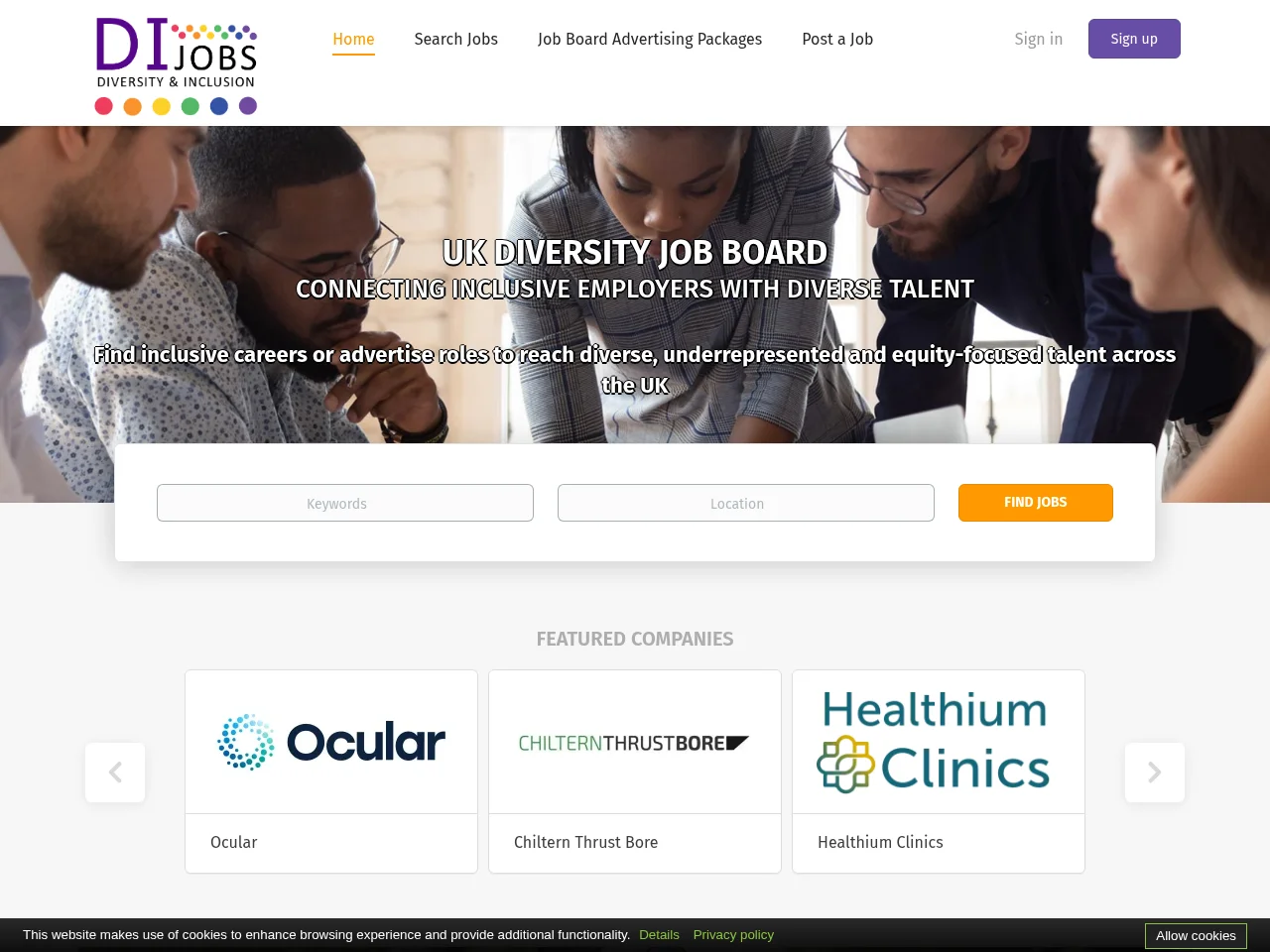DI Jobs job board platform screenshot showing job search interface