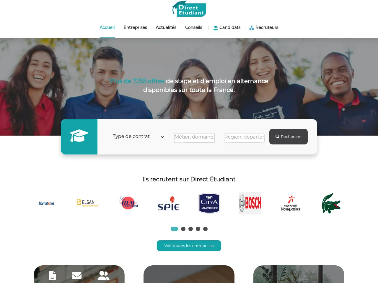 Direct Étudiant job board platform screenshot showing job search interface