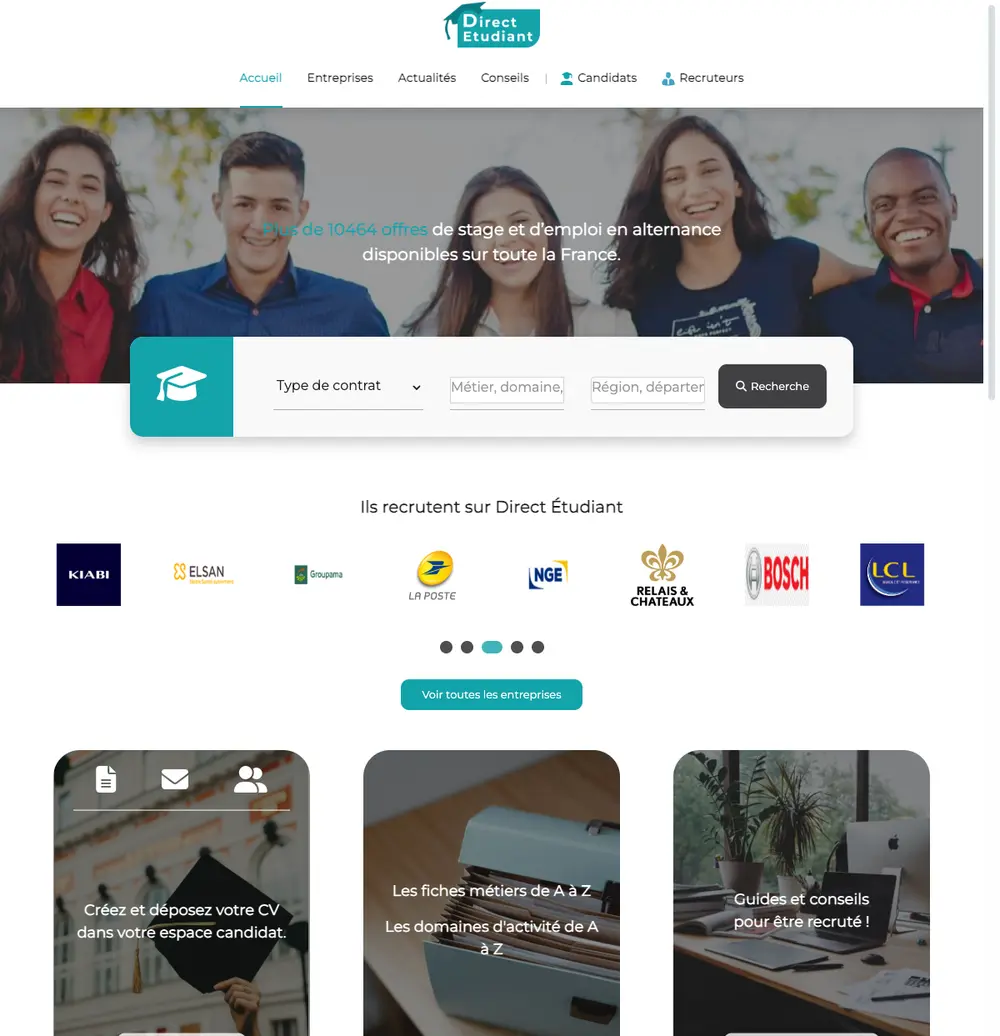 Direct Étudiant job board platform screenshot showing job search interface