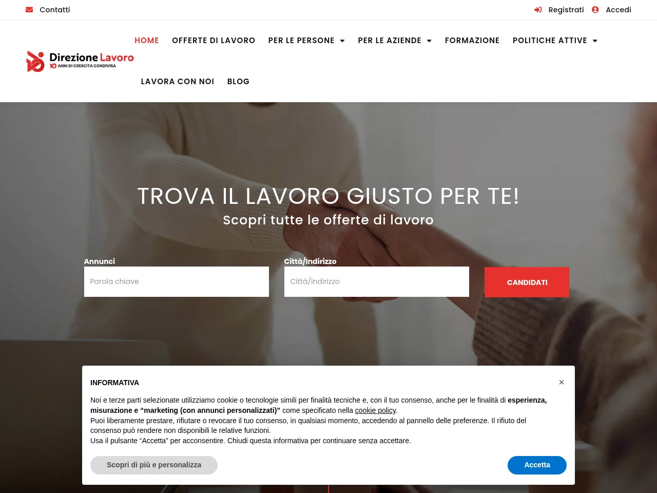 Direzione Lavoro job board platform screenshot showing job search interface