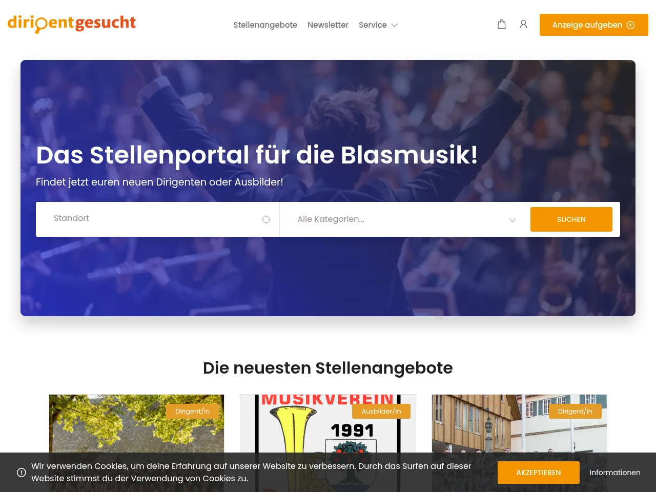 dirigent-gesucht.de job board platform screenshot showing job search interface
