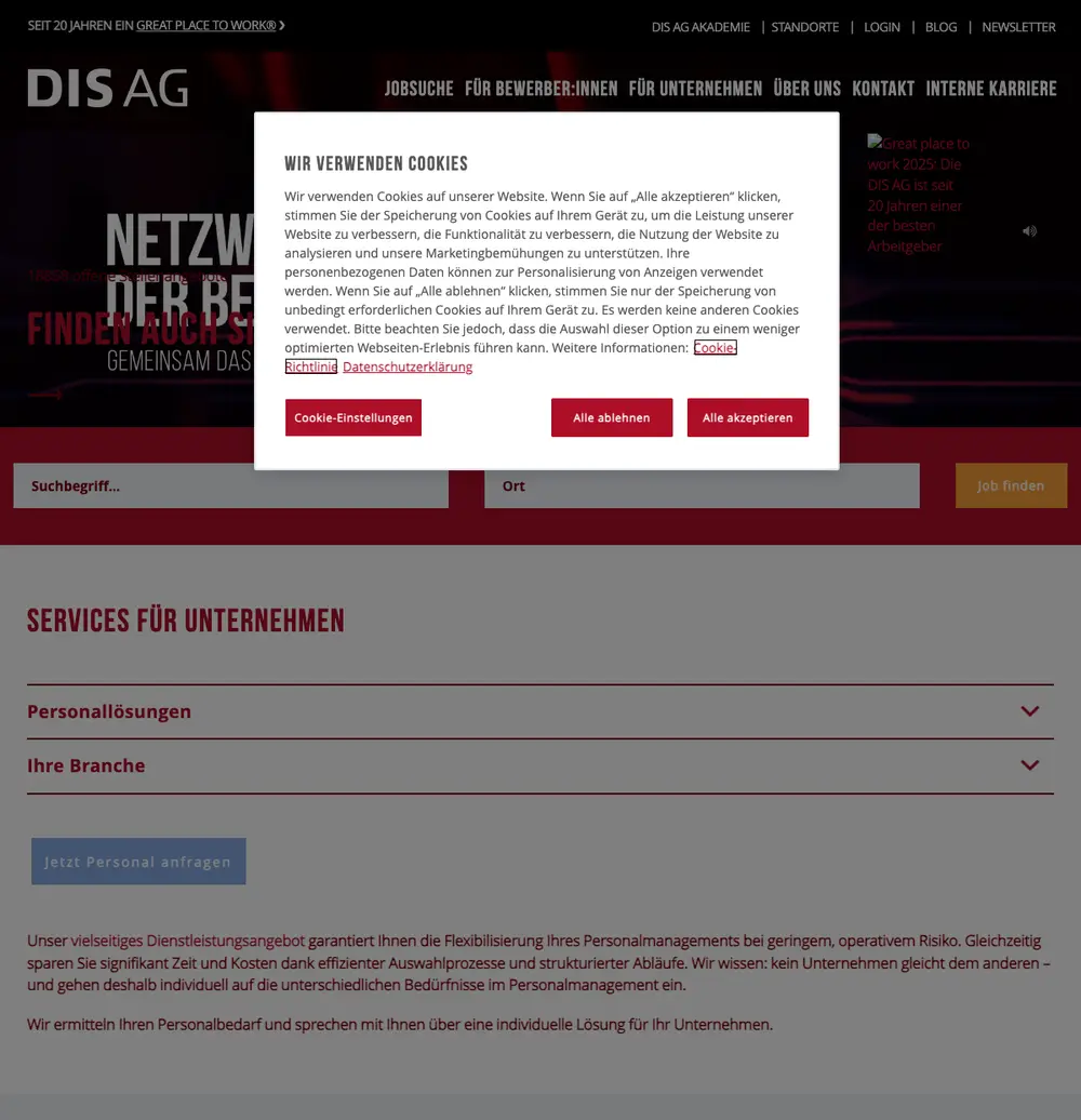 DIS AG job board platform screenshot showing job search interface
