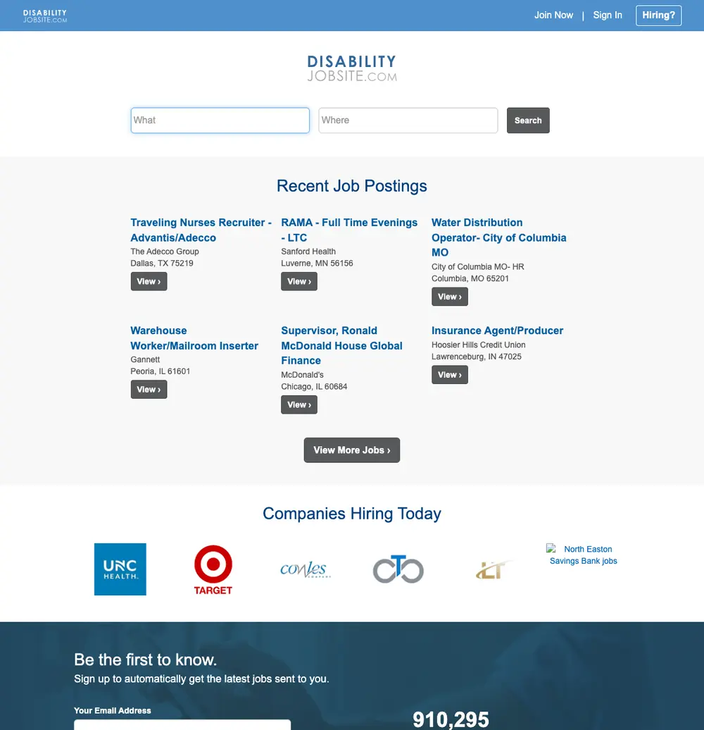 DisabilityJobSite job board platform screenshot showing job search interface