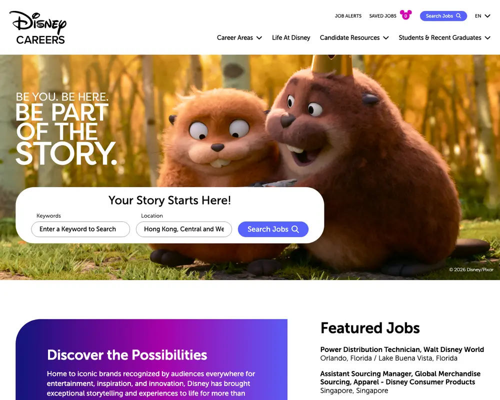 Disney Careers job board platform screenshot showing job search interface