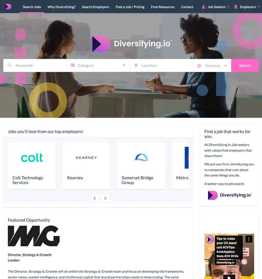 Diversifying.io job board platform screenshot showing job search interface