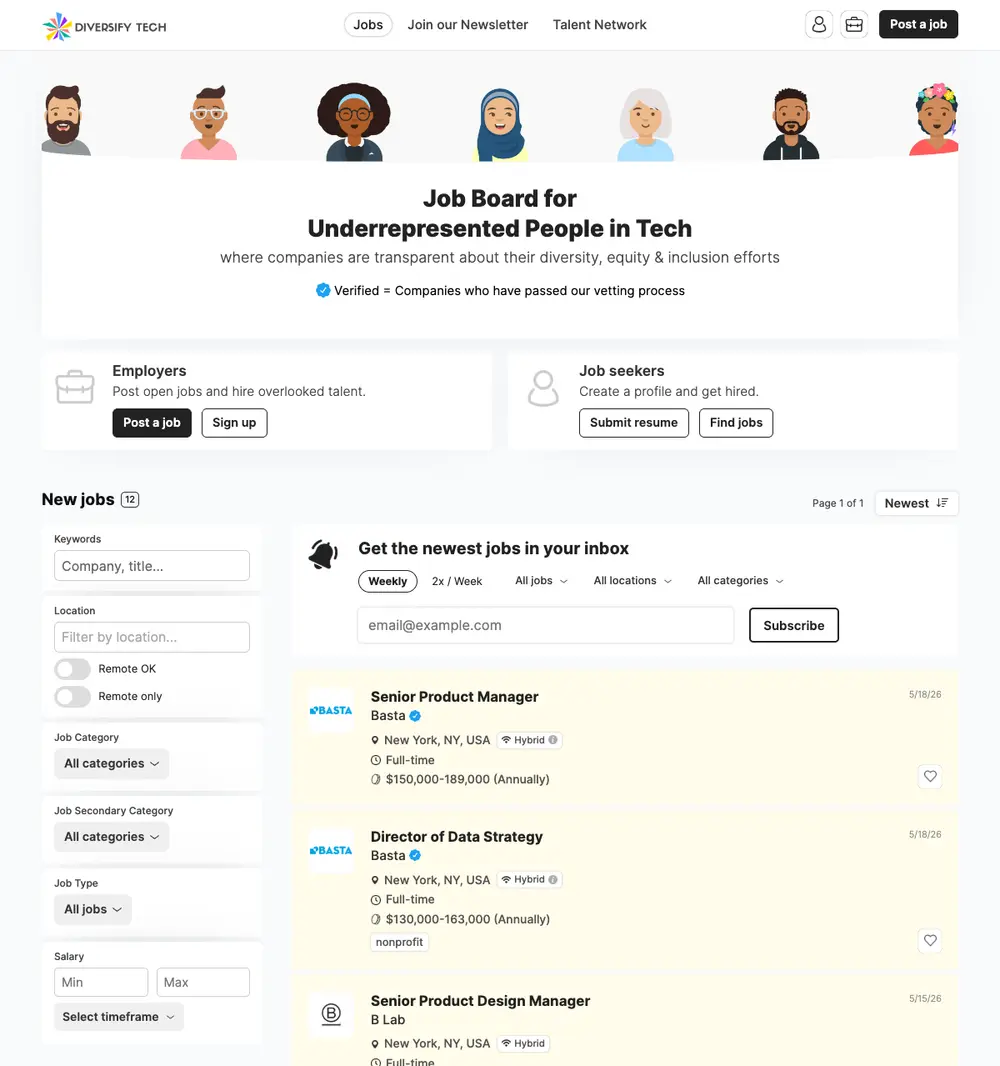 Diversify Tech job board platform screenshot showing job search interface