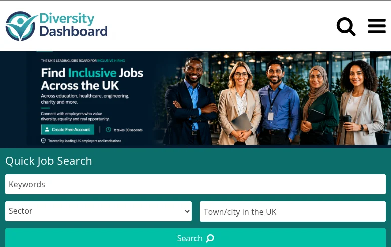 Diversity Dashboard screenshot Diversity Dashboard job board platform screenshot showing job search interface