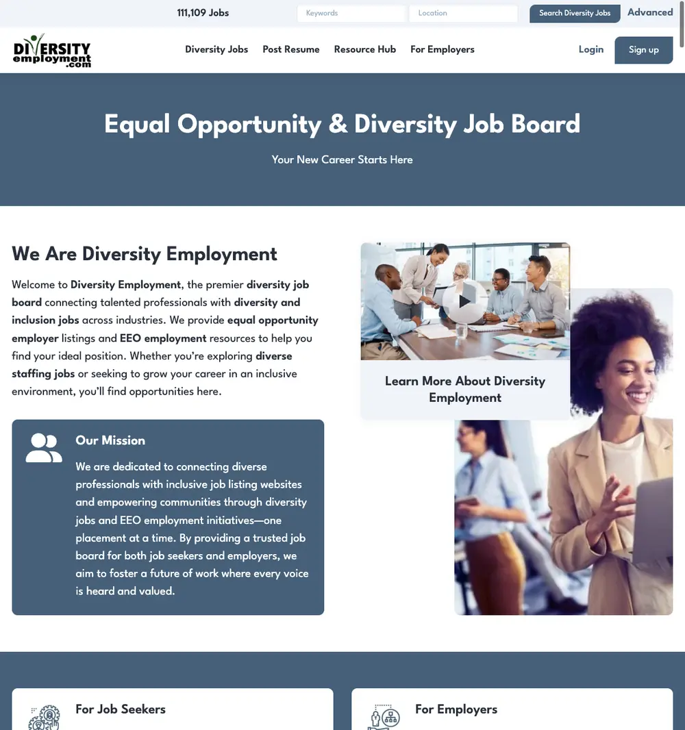 Diversity Employment job board platform screenshot showing job search interface