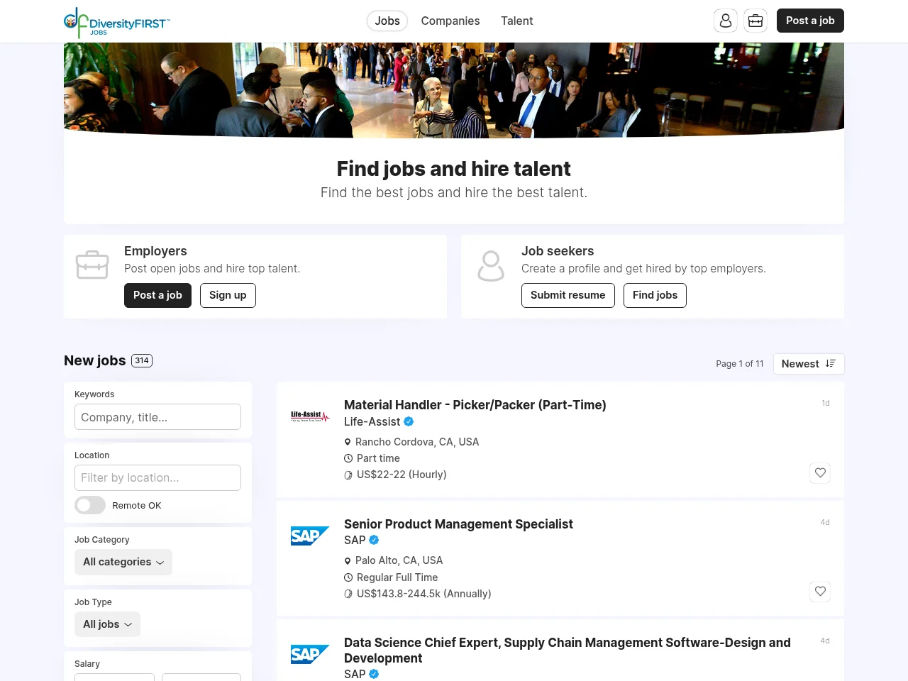 DiversityFIRST Jobs job board platform screenshot showing job search interface