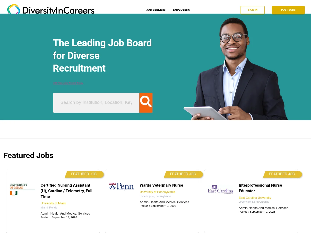 Diversity in Careers job board platform screenshot showing job search interface