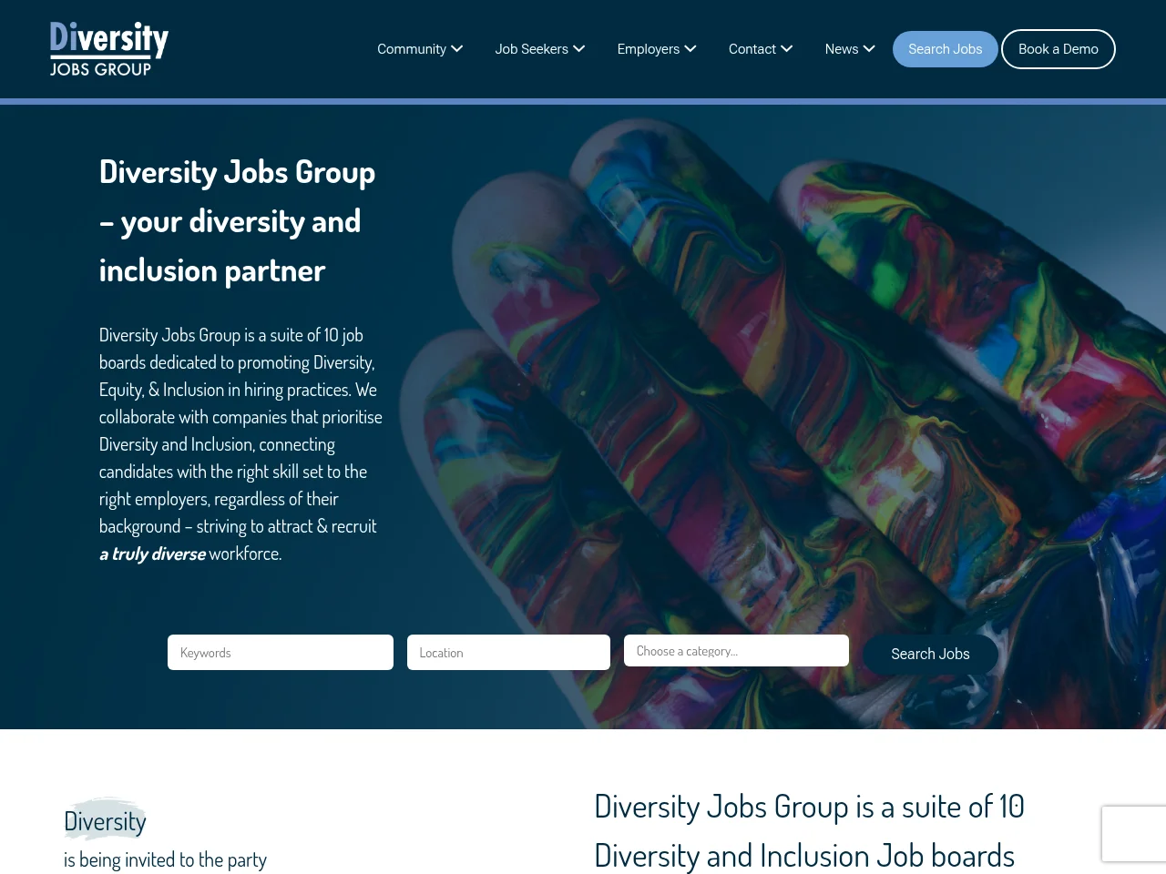 Diversity Jobs Group job board platform screenshot showing job search interface