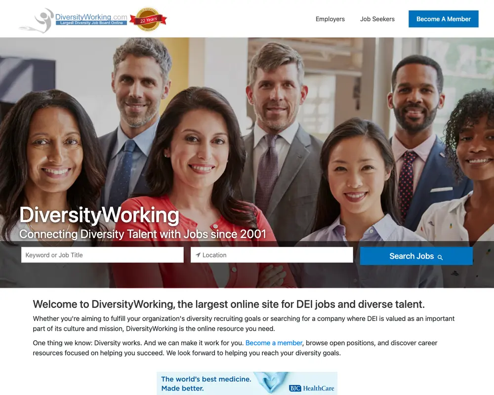 DiversityWorking job board platform screenshot showing job search interface