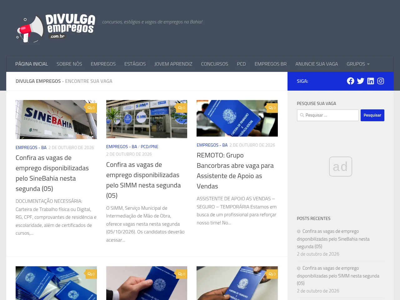 Divulga Empregos job board platform screenshot showing job search interface