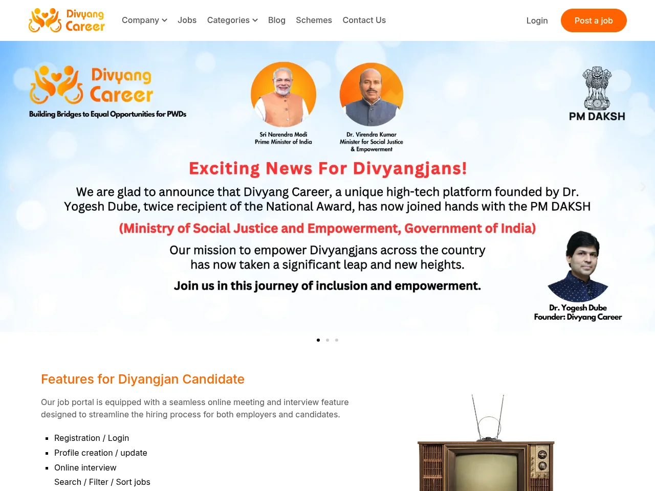Divyang Career job board platform screenshot showing job search interface