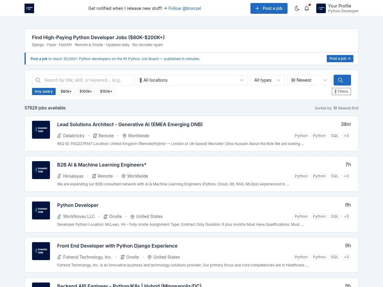 DjangoJob.com job board platform screenshot showing job search interface