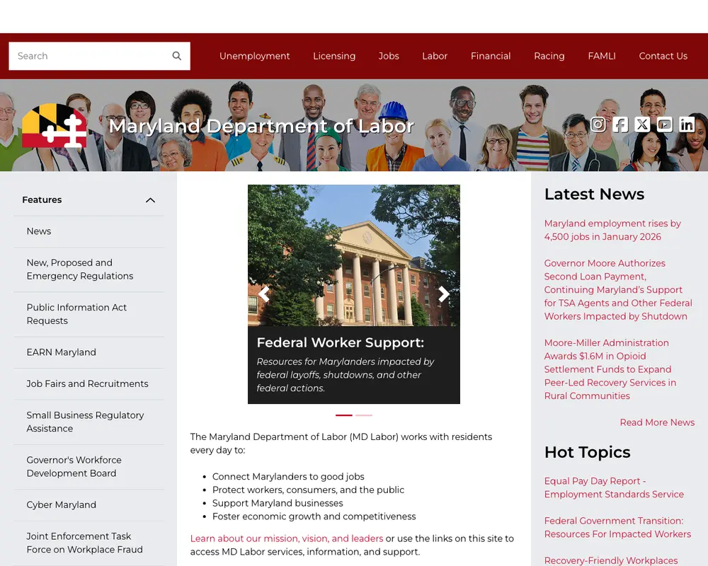 Maryland Department of Labor job board platform screenshot showing job search interface