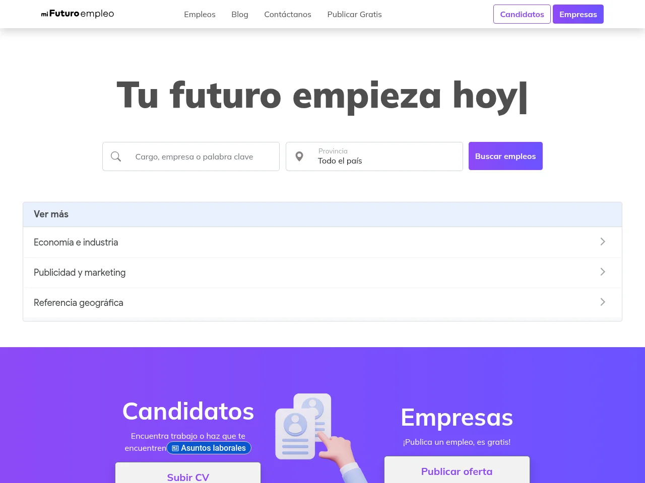 Mi Futuro Empleo job board platform screenshot showing job search interface