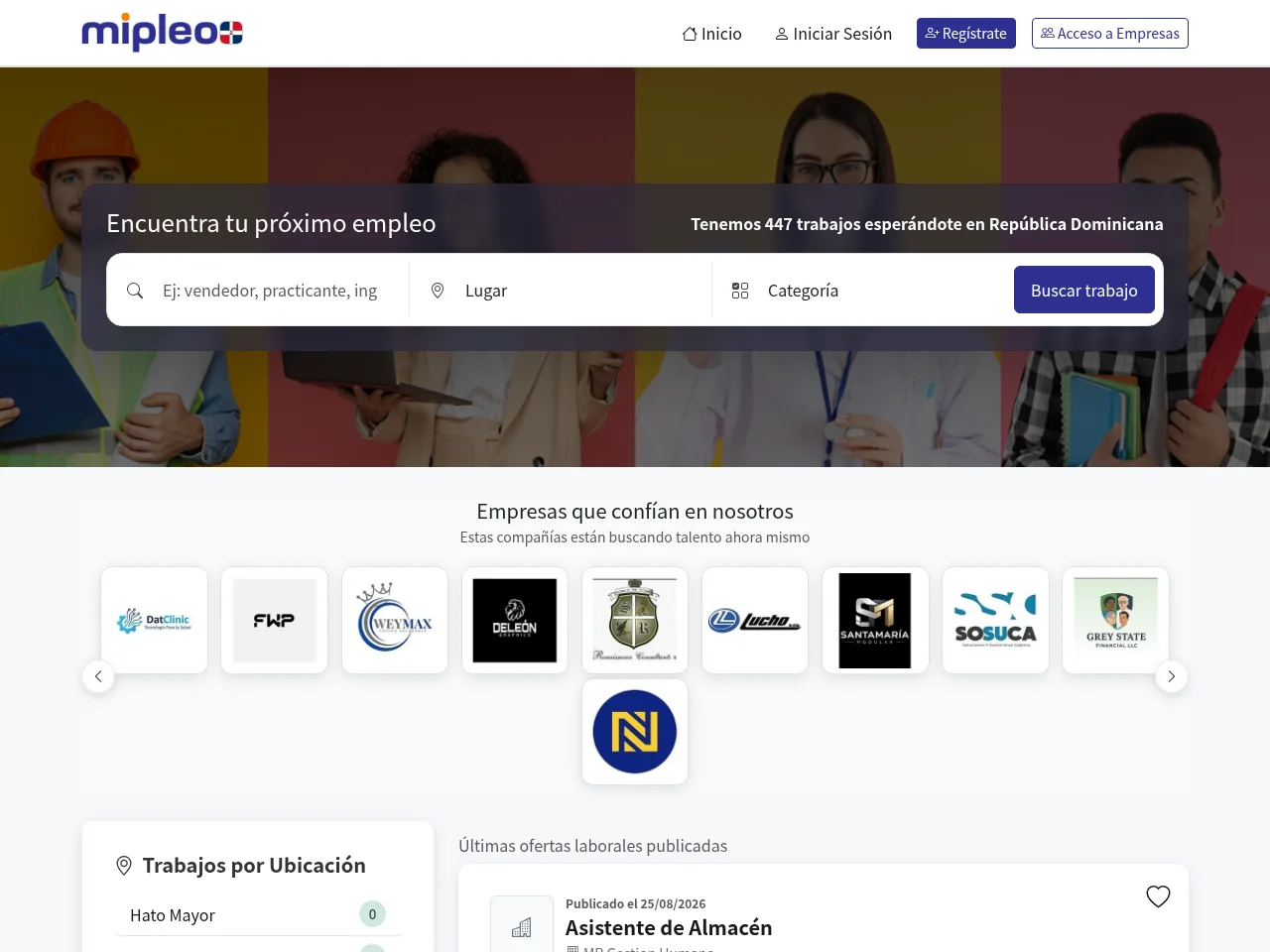 Mipleo República Dominicana job board platform screenshot showing job search interface