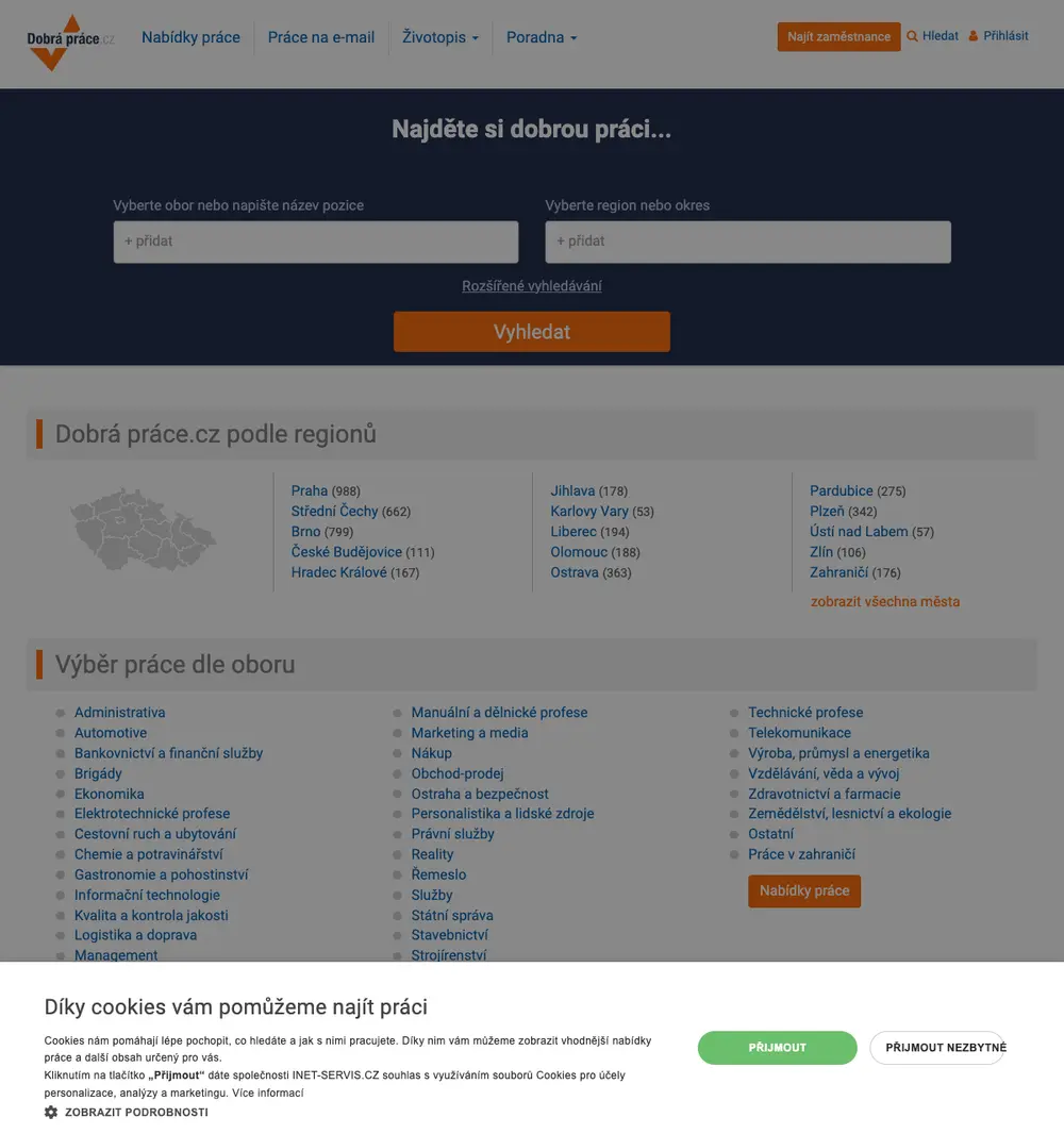 DobráPráce.cz job board platform screenshot showing job search interface