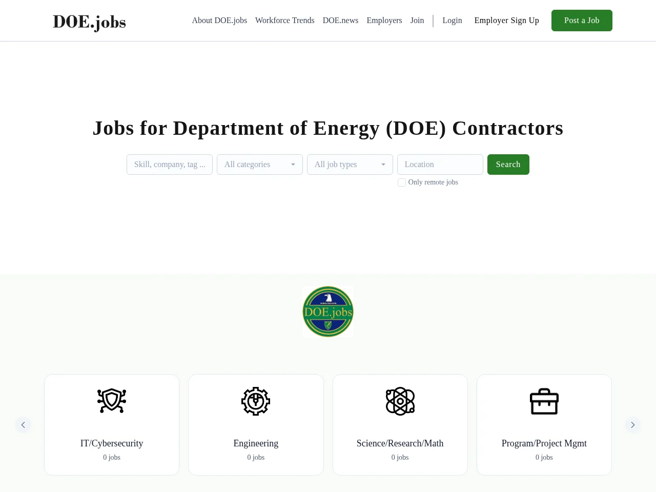 DOE jobs job board platform screenshot showing job search interface