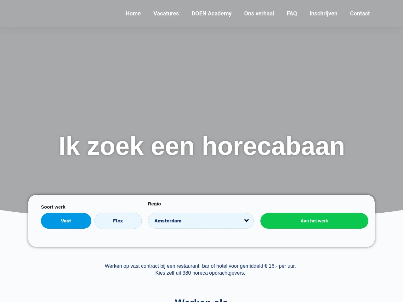 DOEN Horeca job board platform screenshot showing job search interface
