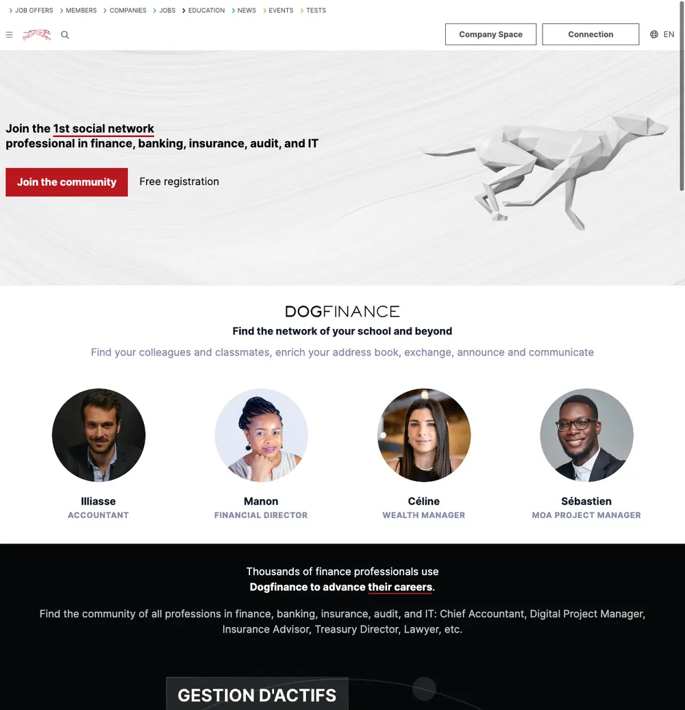 Dogfinance job board platform screenshot showing job search interface