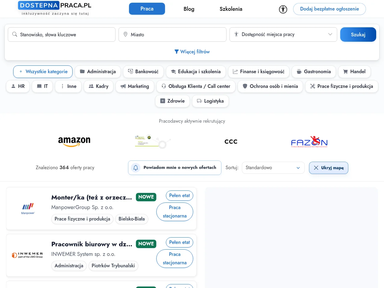 DostepnaPraca.pl job board platform screenshot showing job search interface