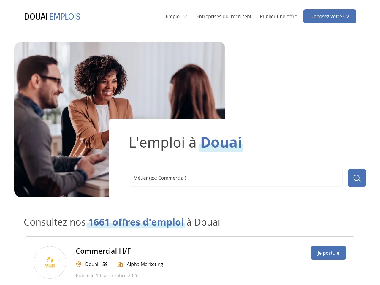Douai Emplois job board platform screenshot showing job search interface