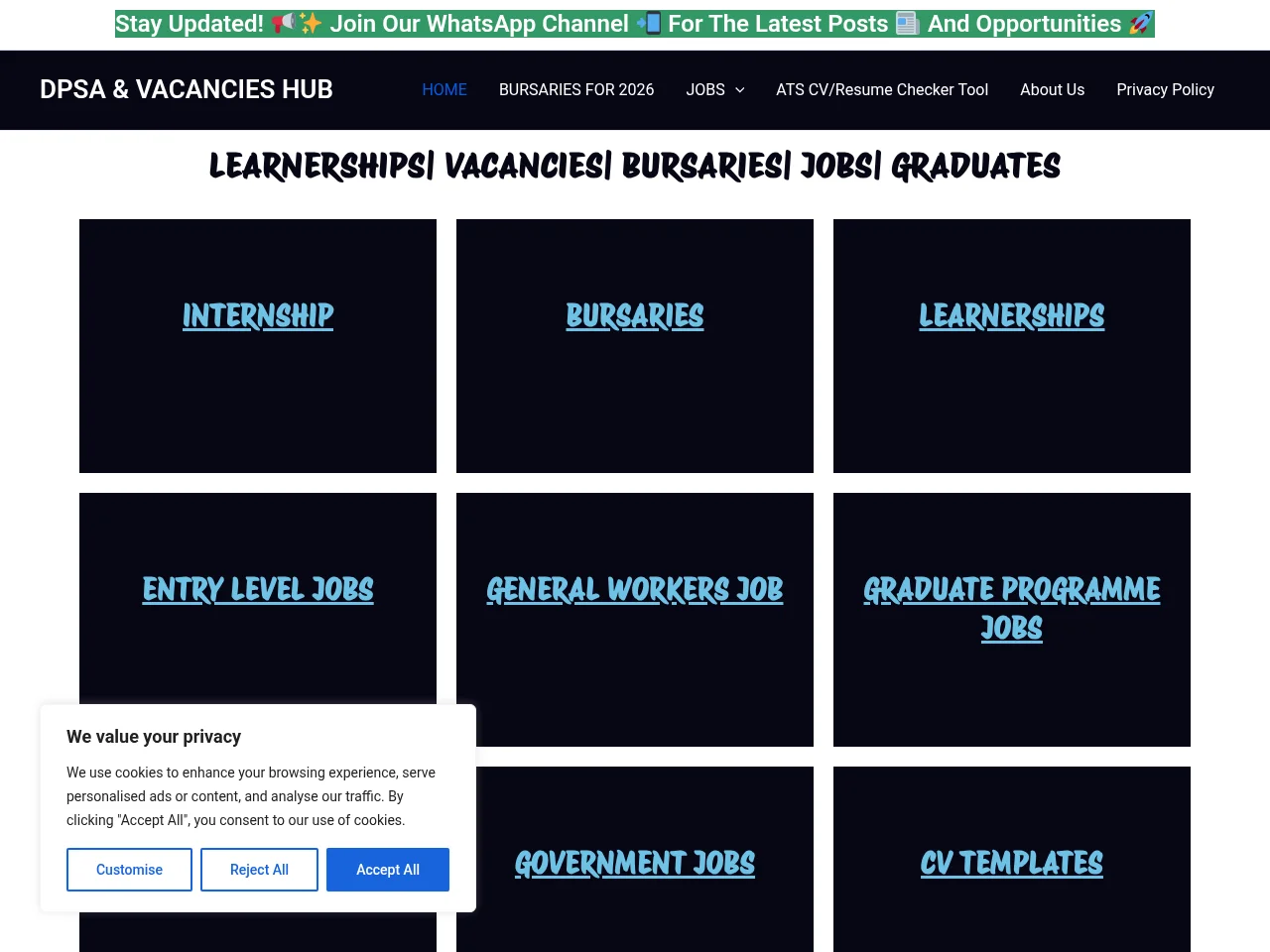 DPSA & VACANCIES HUB job board platform screenshot showing job search interface