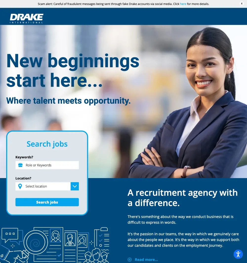 Drake International job board platform screenshot showing job search interface