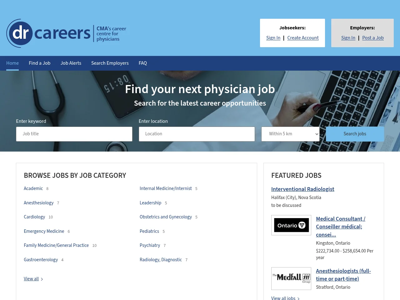 Dr Careers job board platform screenshot showing job search interface