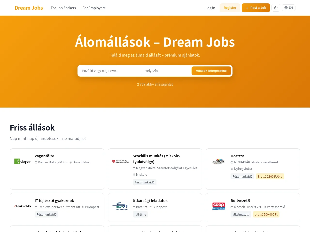 Dream Jobs job board platform screenshot showing job search interface