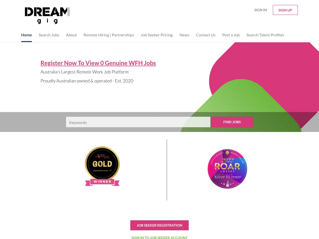 Dream Gig job board platform screenshot showing job search interface