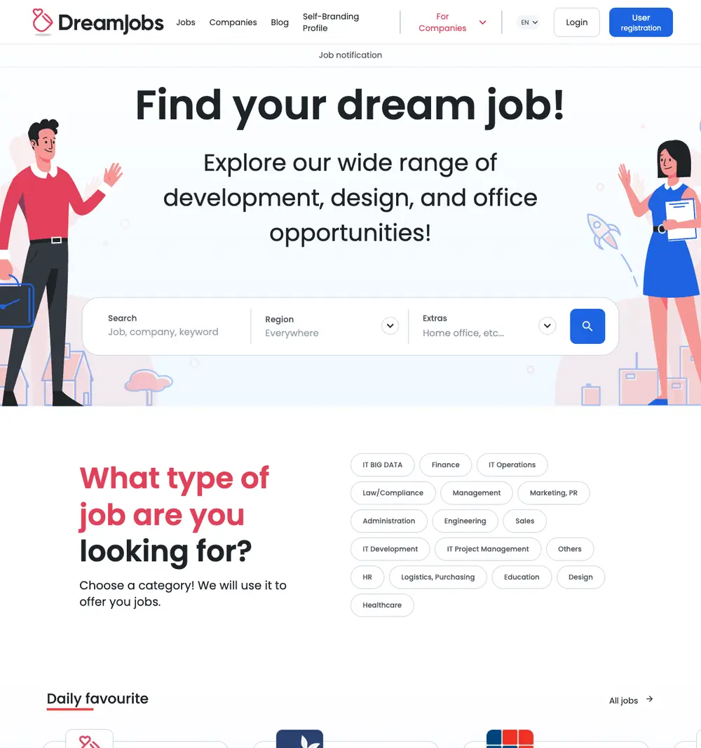 DreamJobs job board platform screenshot showing job search interface