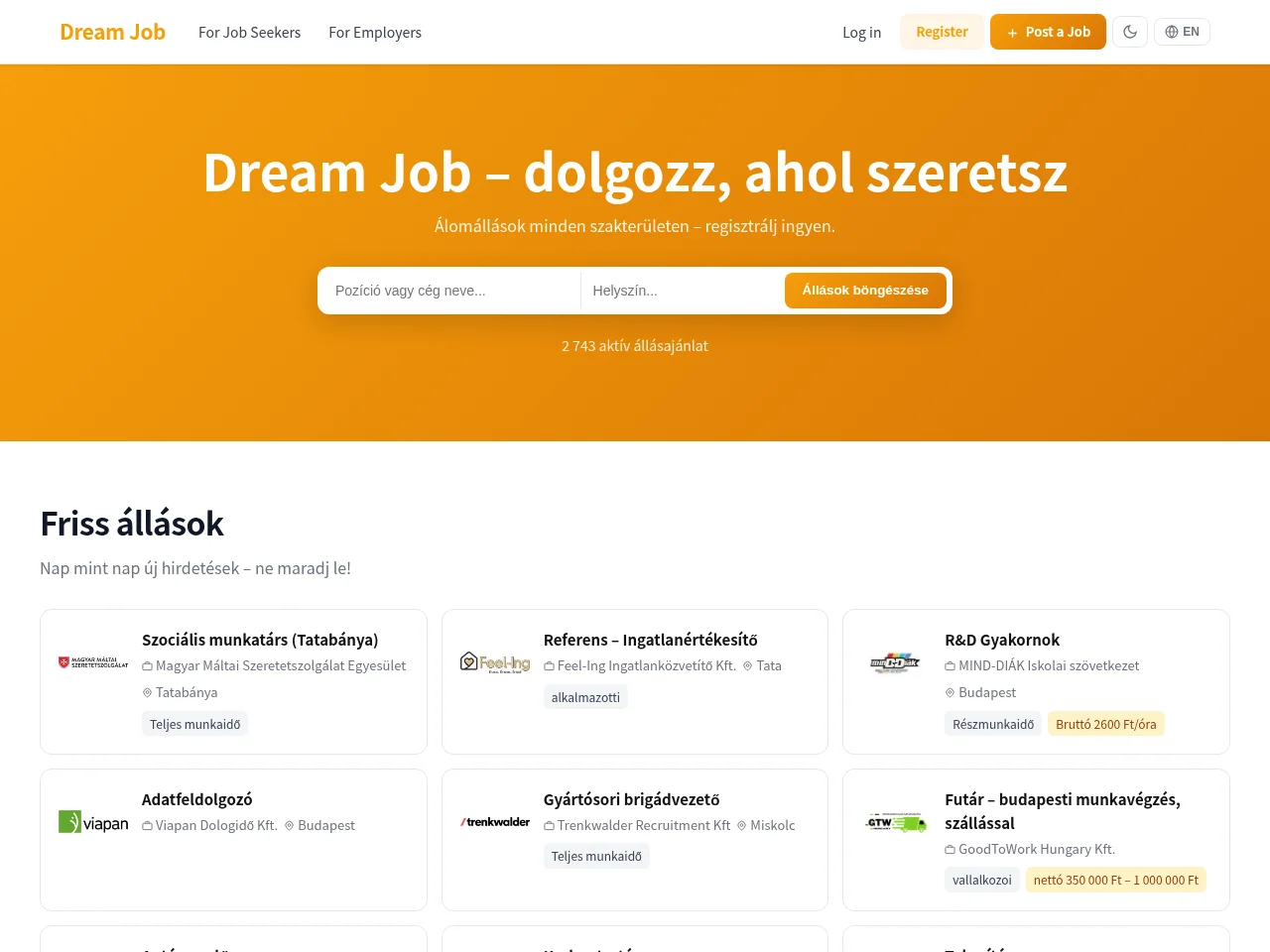 Dream Job job board platform screenshot showing job search interface