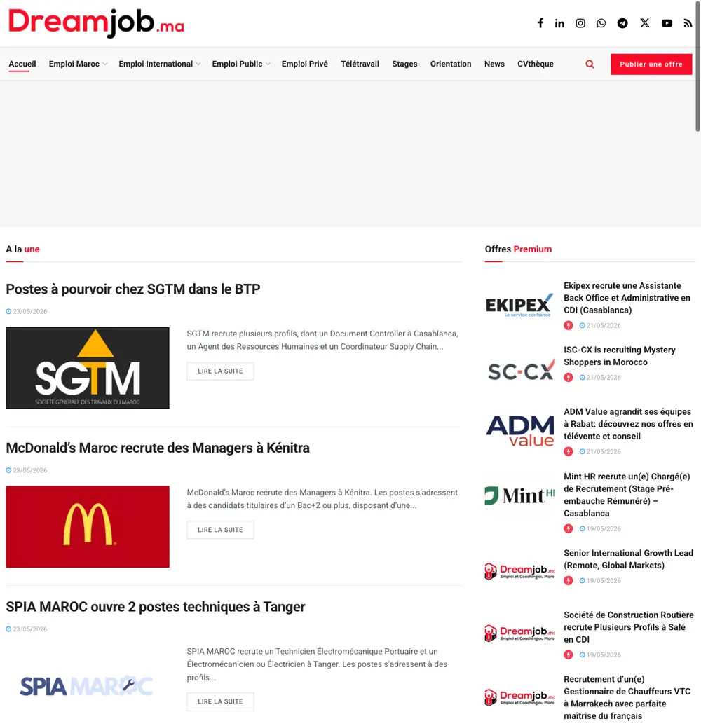 Dreamjob.ma job board platform screenshot showing job search interface