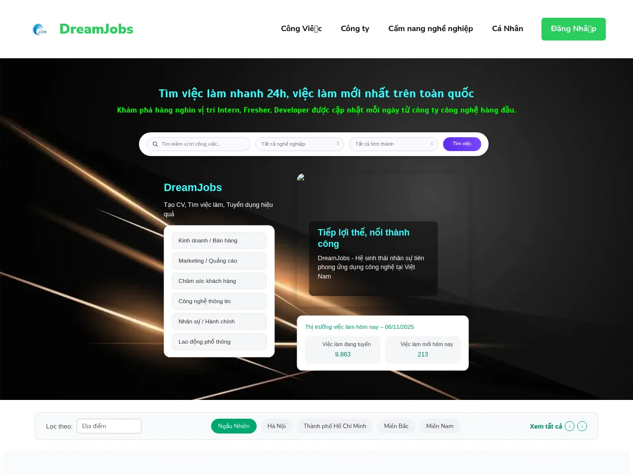 DreamJobs job board platform screenshot showing job search interface