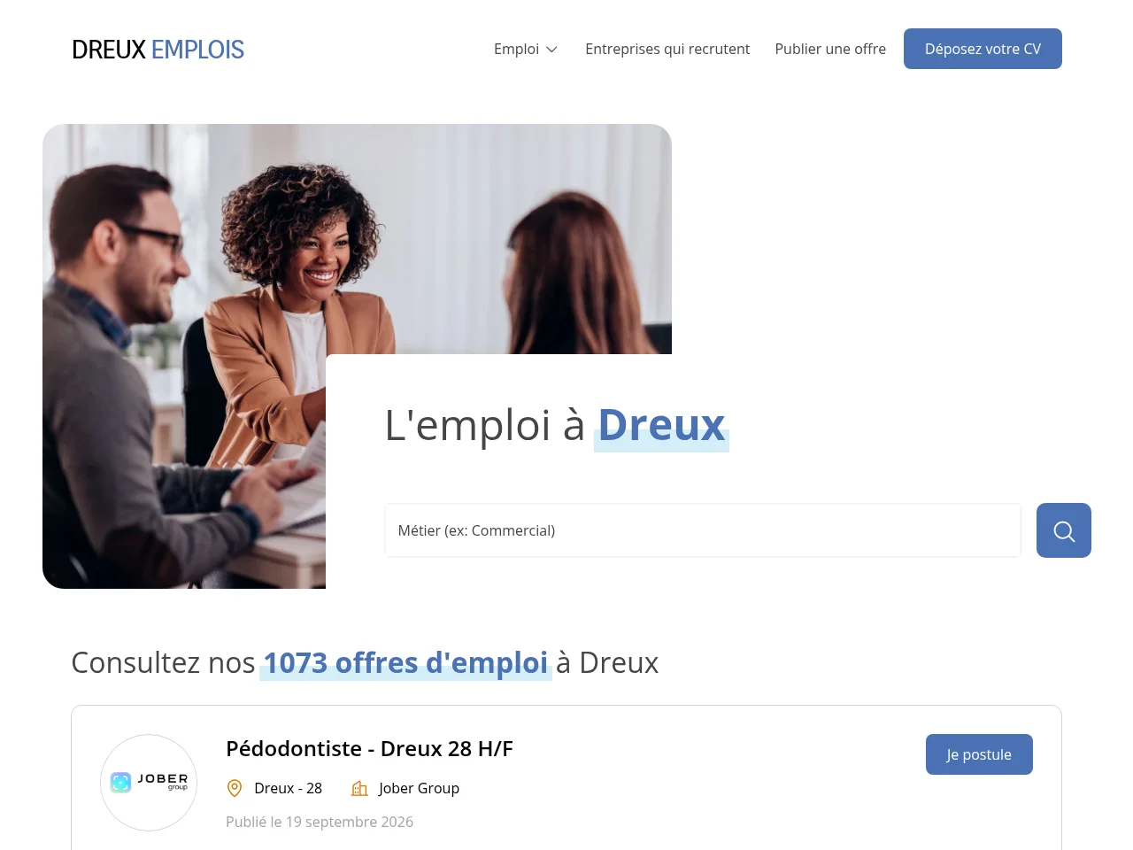 Dreux Emplois job board platform screenshot showing job search interface