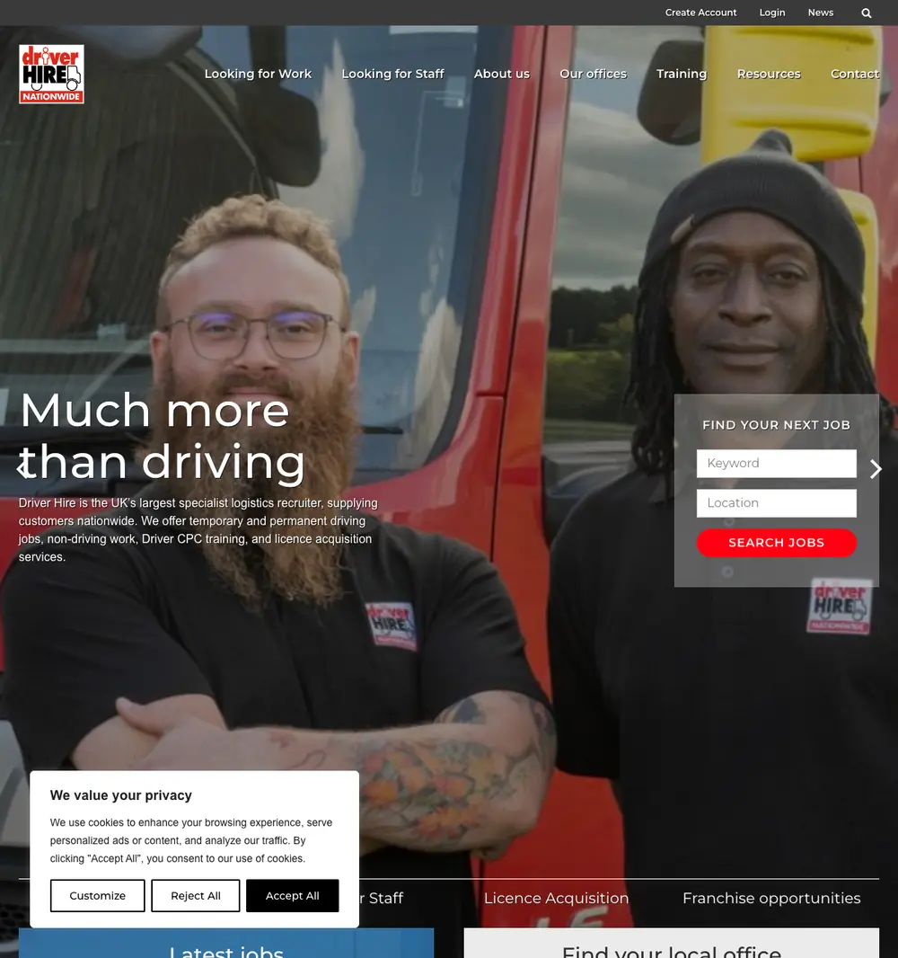 Driver Hire job board platform screenshot showing job search interface