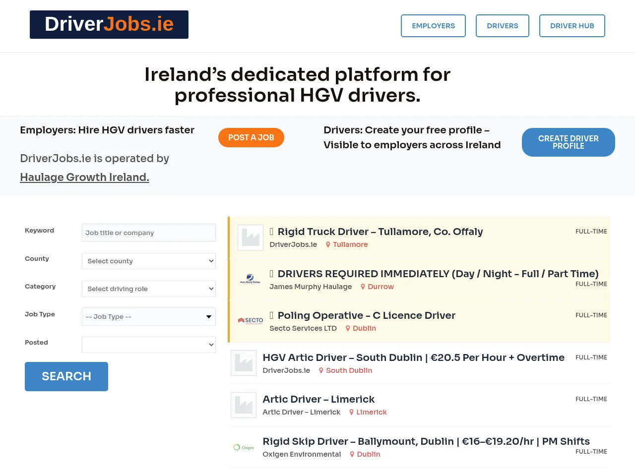 DriverJobs.ie job board platform screenshot showing job search interface
