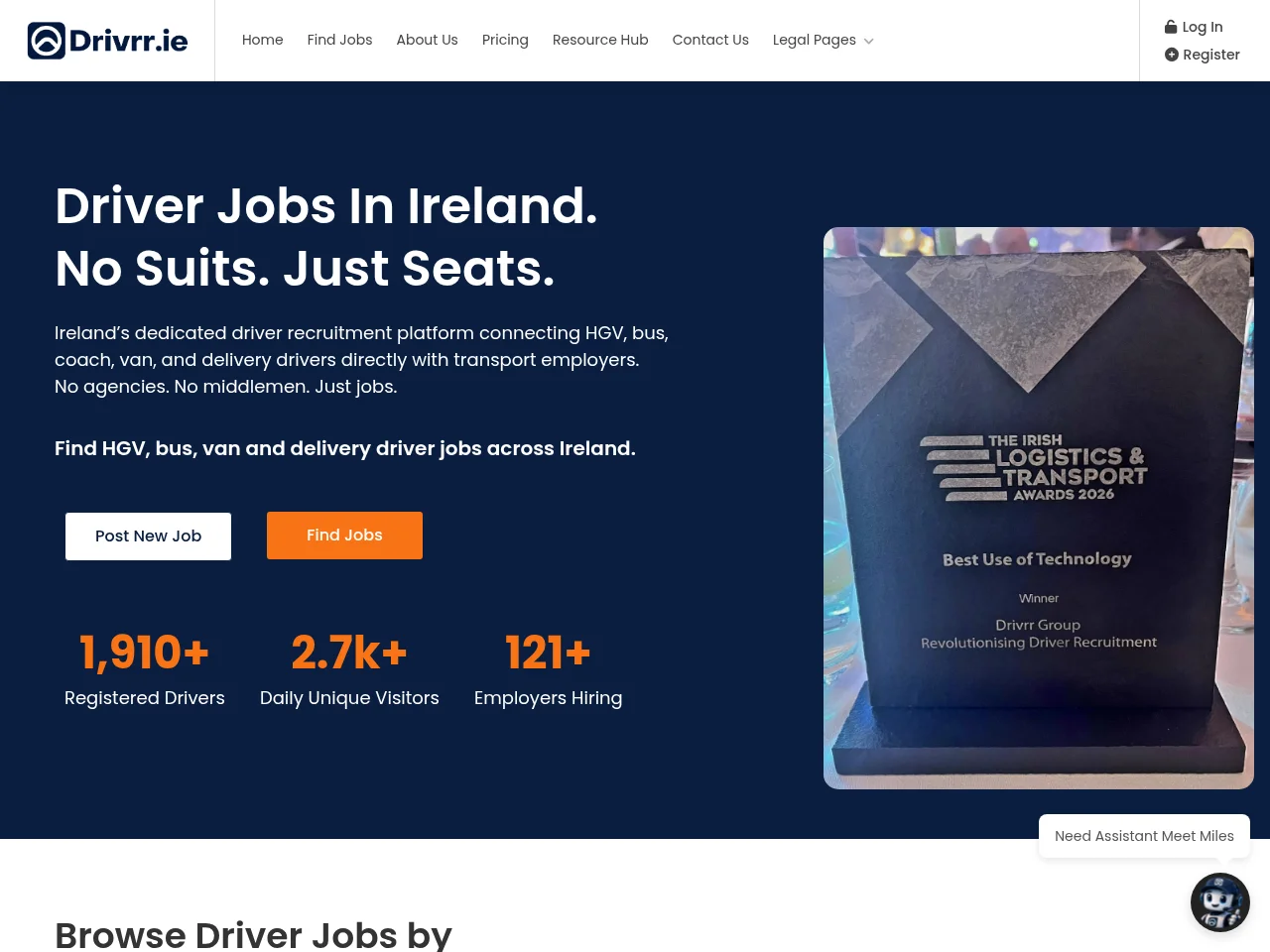 Drivrr.ie job board platform screenshot showing job search interface