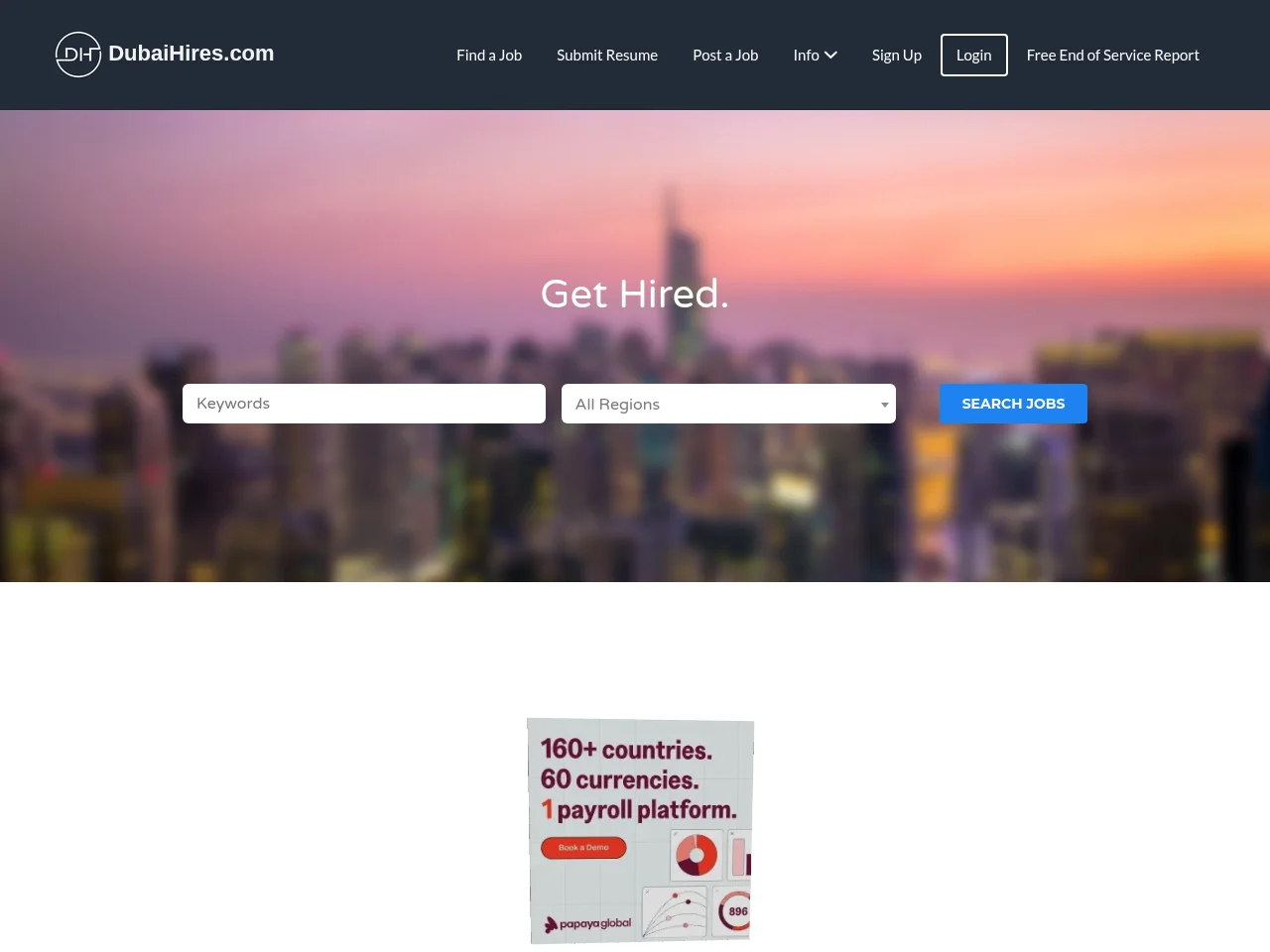 DubaiHires.com job board platform screenshot showing job search interface