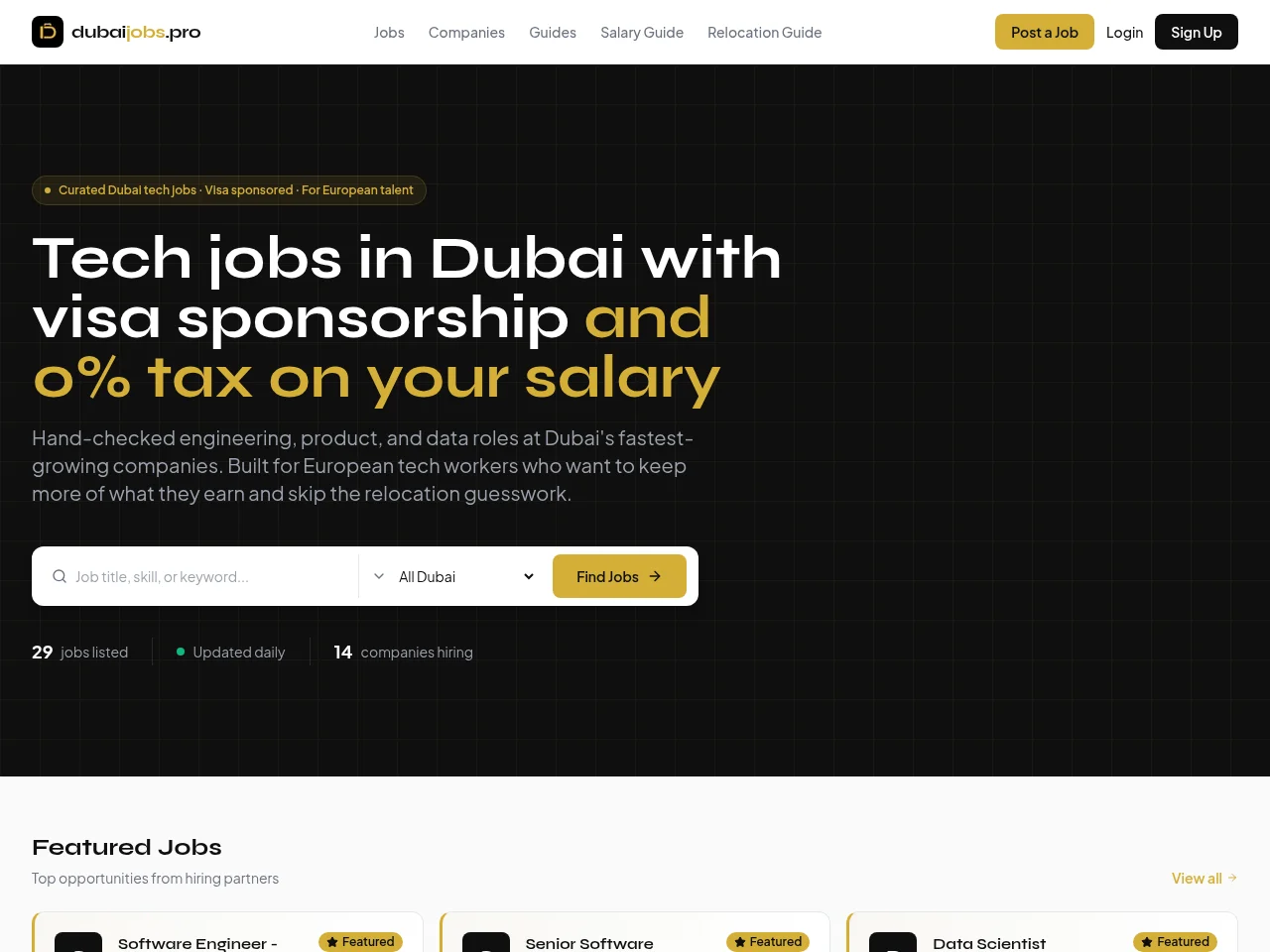 dubaijobs.pro job board platform screenshot showing job search interface