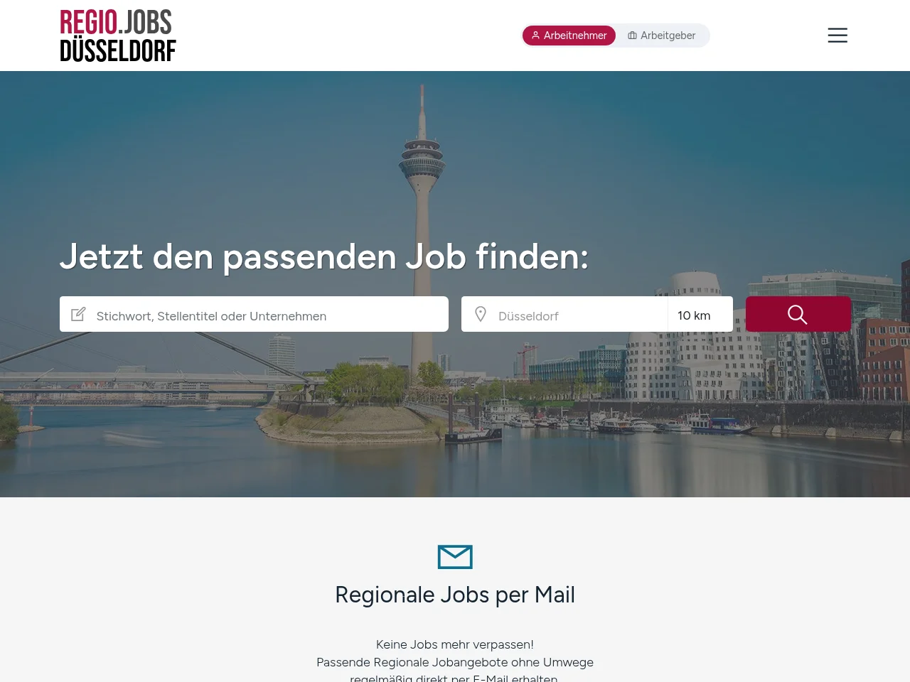 REGIO.JOBS Düsseldorf job board platform screenshot showing job search interface