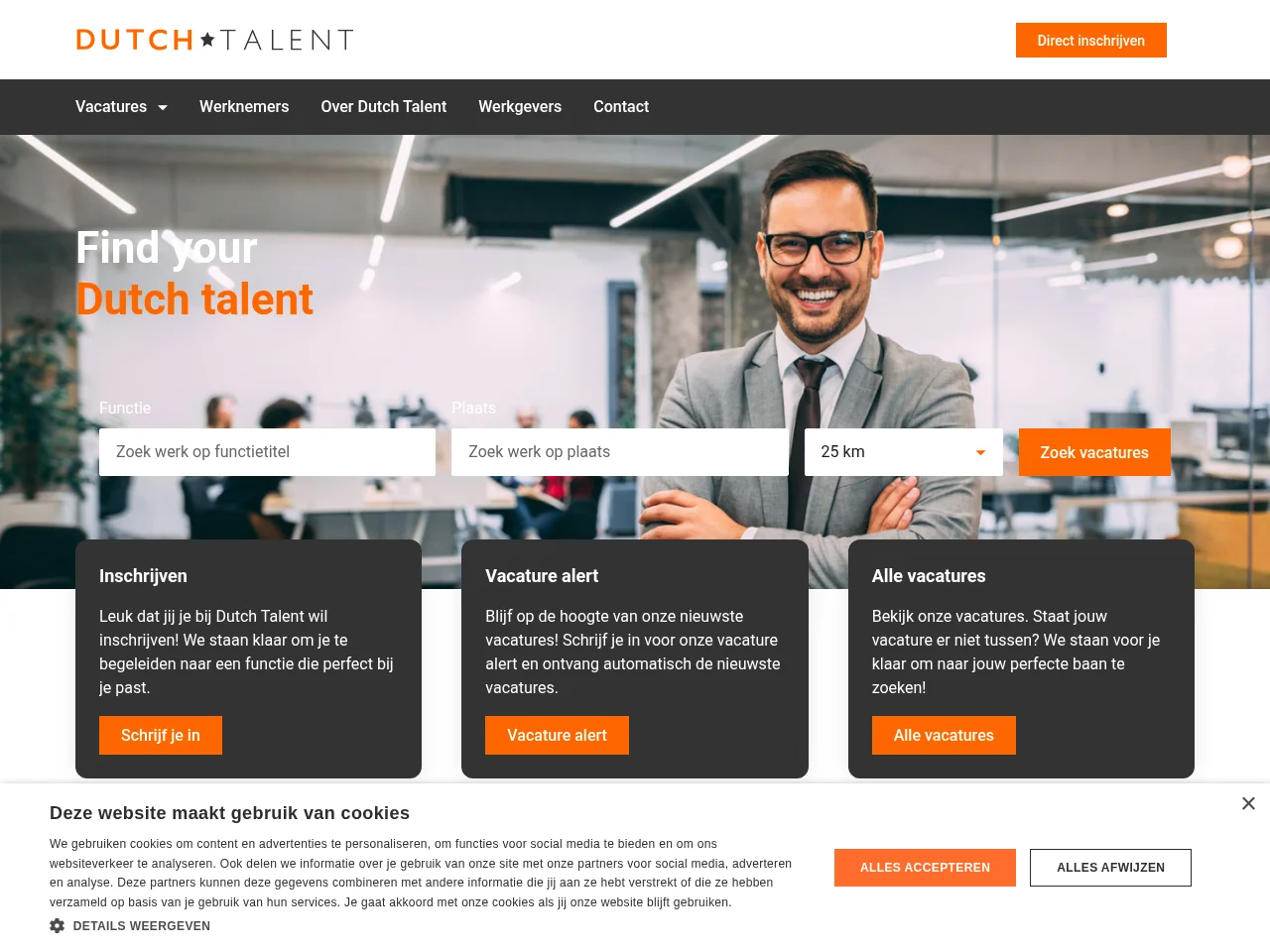 Dutch Talent job board platform screenshot showing job search interface