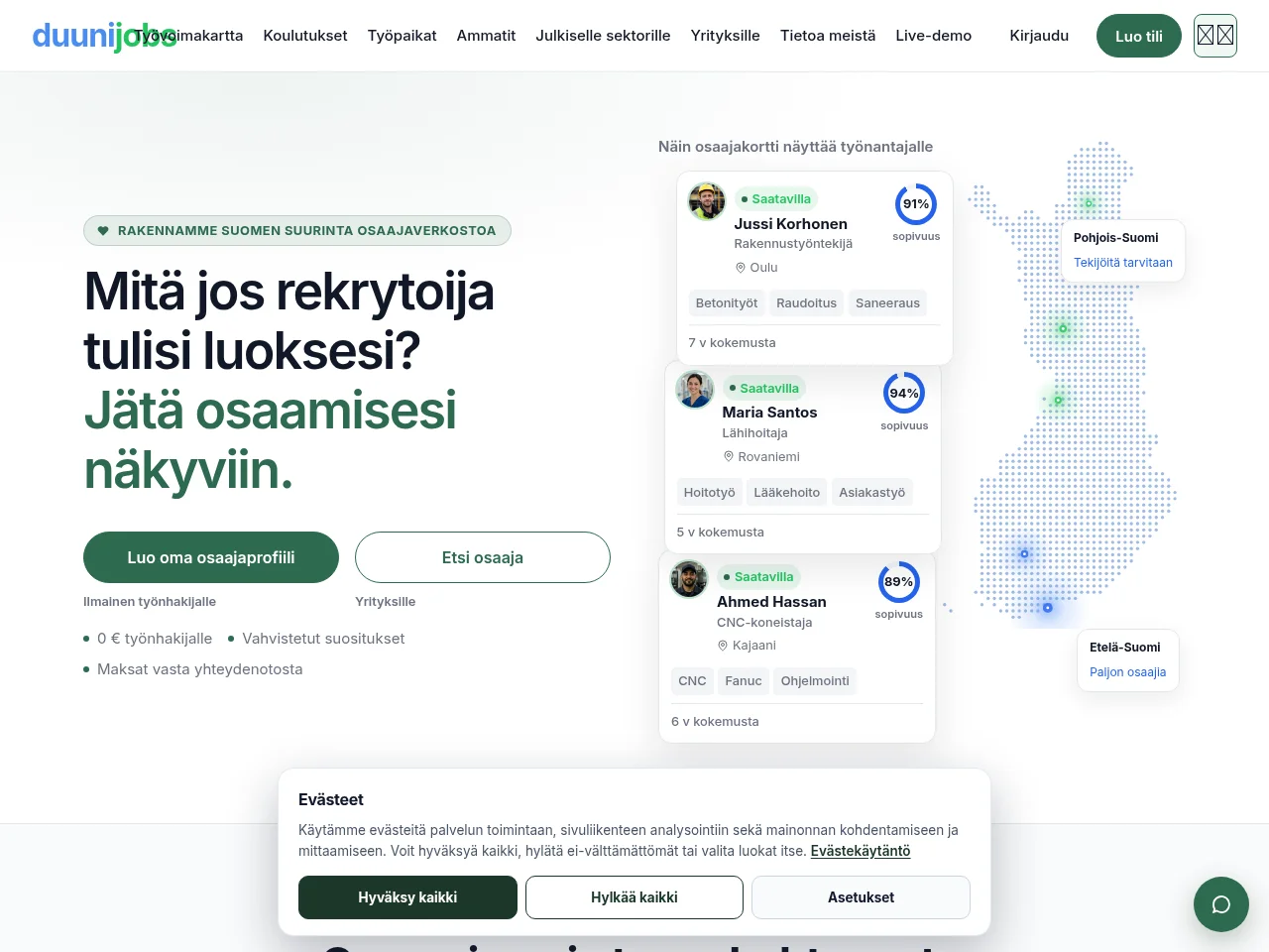 Duunijobs job board platform screenshot showing job search interface
